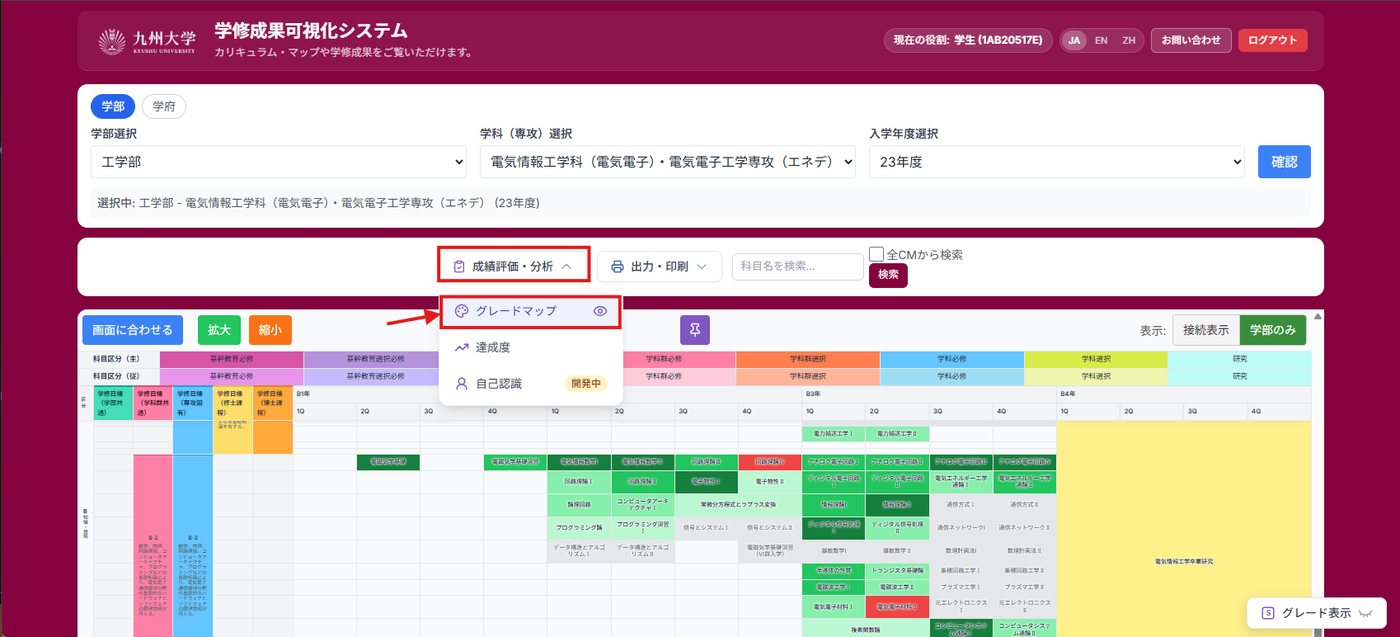 「成績評価・分析」メニューの「グレードマップ」